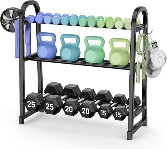 3 Tier Dumbbell Rack - Weight Rack for Home Gym: 360LB, Stand Only | Heavy Duty Adjustable Storage Rack with Hooks, Dumbbell Stand & Weight Holder, Organizer Shelf for Home Gym