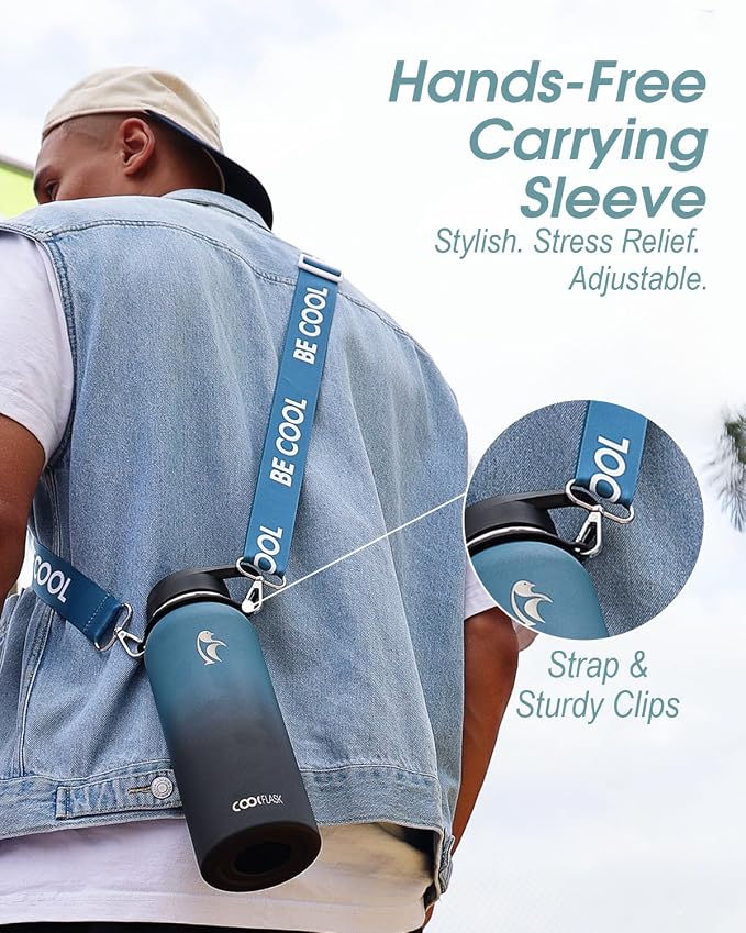 Coolflask 40 oz Water Bottle Insulated Stainless Steel with Strap | Metal Water Flask with Straw & Spout Lids, Triple-Wall, Cold 48+h, Dishwasher Safe, Leakproof, BPA-Free, for Gym & Hiking