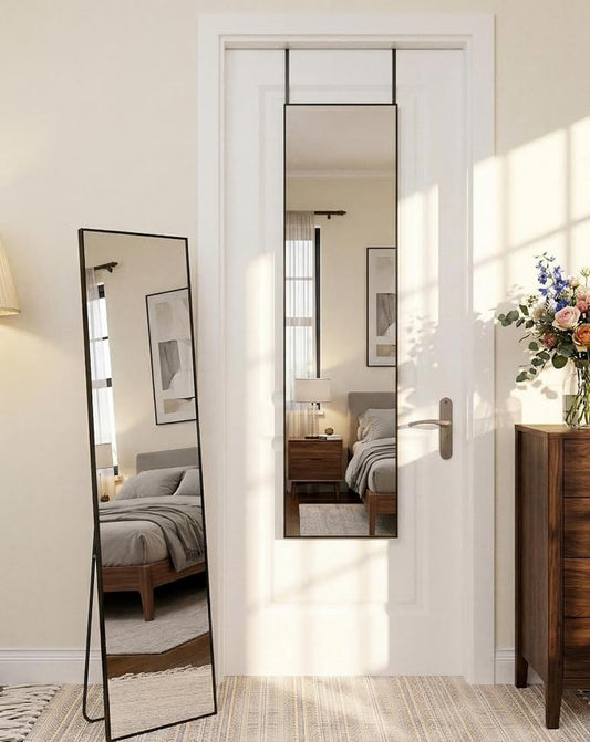 Antok Full Length Mirror, 56"x14" Floor Mirror with Stand, Hanging Mounted Mirrors for Bedroom, Living Room, Cloakroom, Dining Room, Black, Rect