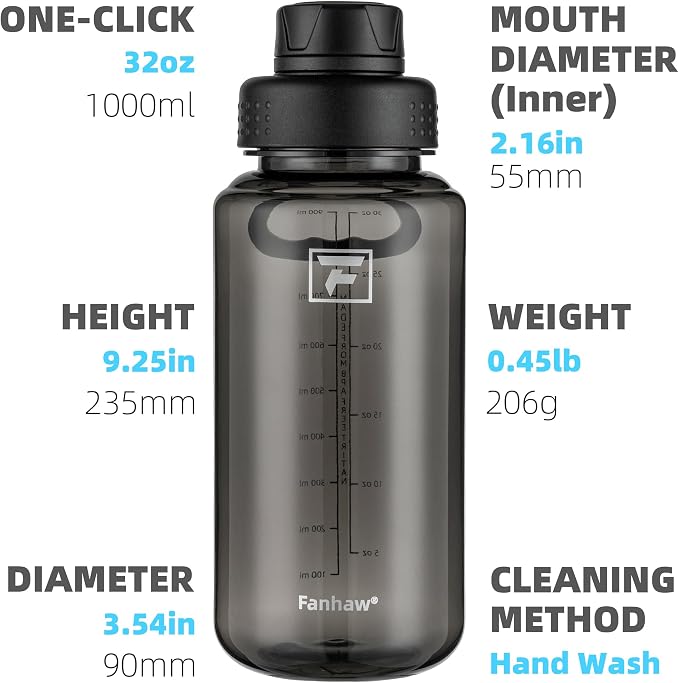 Fanhaw 32 oz Clear BPA-Free Tritan Water Bottle with Fast-Flow Spout Lid, BPA-Free & Leak-Proof Wide-Mouth Reusable Bottle for Gym, School & Office, Back to School Essentials (Black)