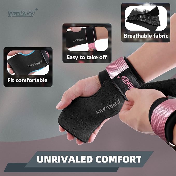 Frelaxy Lifting Wrist Straps for Women and Men, Weight Lifting Grips | Double-layer leather, Cushioned wrist support, Durable construction, Storage pouch, Deadlifts, rows, lat pulldowns