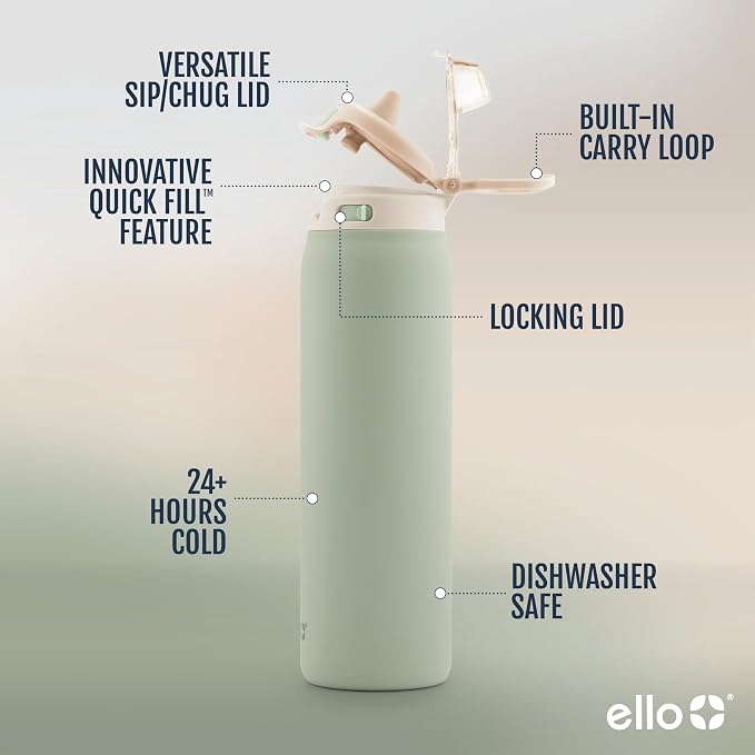Ello Pop & Fill Insulated Stainless Steel Water Bottle with Quick Fill Lid, Leakproof Locking, Sip or Chug Spout, BPA-Free, Double Wall Vacuum Insulated for Sports, Travel & School- 22oz / 32oz / 40oz