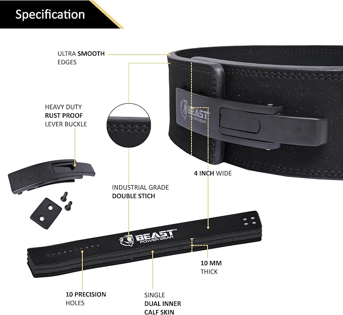 Beast Power Gear Weight Lifting Belt Lever Buckle 10MM 13MM Thick & 4 Inches Free Strap Weightlifting, Powerlifting, Deadlifts, Squats Men Women