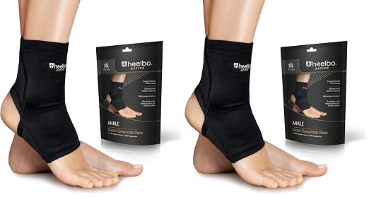 Heelbo Ankle Compression Sleeve and Compression Sock Made with Copper Infused Fibers and Breathable Fabric for Planter Fasciitis, Achilles Tendonitis or Arch Support, Black, Extra Large (Pack of 2)