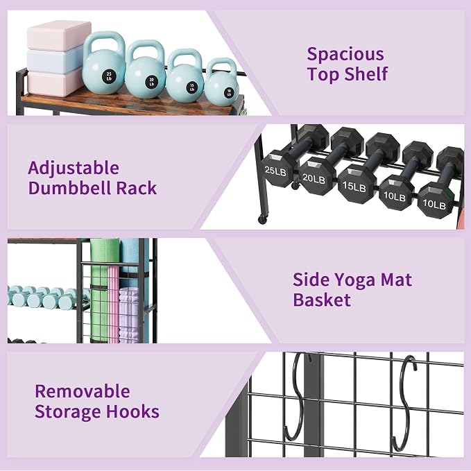 HavenlyYouth Dumbbell Rack, Home Gym Weight Rack Storage, Adjustable Dumbbell Stand Organizer with Wheels, Holds Dumbbells, Kettlebells, Yoga Mats