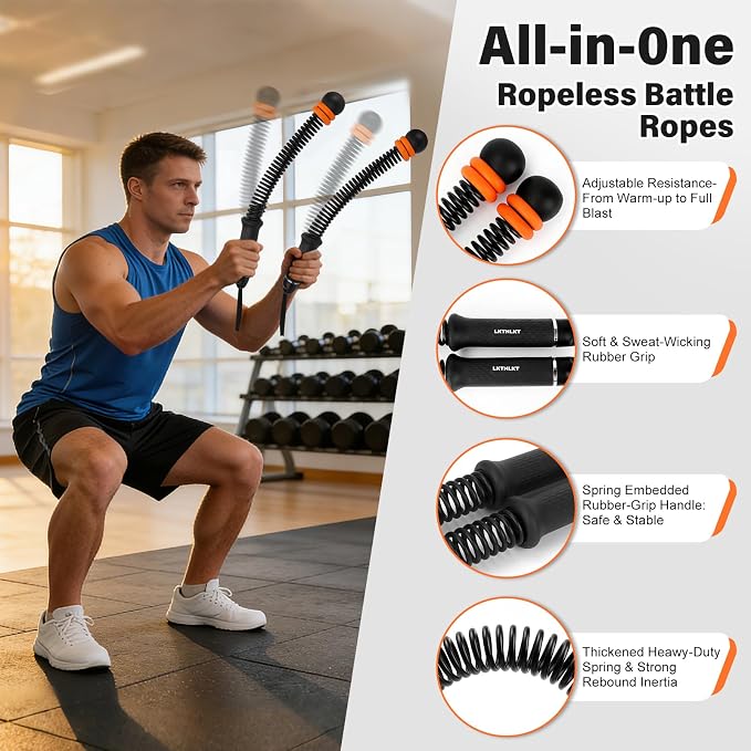 Weighted Ropeless Battle Ropes Adjustable Weight - Portable Cordless Battle Ropes for Home Gym with Workout Poster, Strength Building, HIIT & Low-Impact Cardio Training for Men & Women (Black)