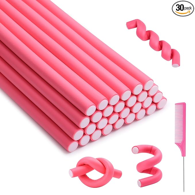 Selizo 30Pcs 9.45"x0.55" Flexible Hair Rollers, Foam Curlers for Short, Medium and Long Hair, No Heat Curlers, Hair Rods - Pink(Diameter 0.55')