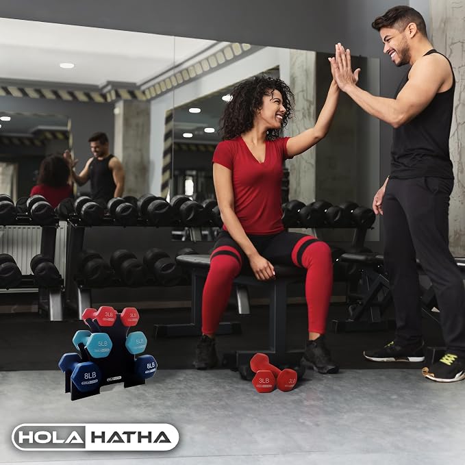 HolaHatha 1, 2 and 3 lb Neoprene Dumbbell Strength Training Weight Set with Rack