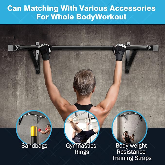 IRONWALLS Wall Mounted Pull Up Bar Heavy Duty, 500LBS Capacity | Wall Mount Chin Up Bar for Strength Training, Home Gym, Steel Upper Body Workout Equipment for Indoor Outdoor