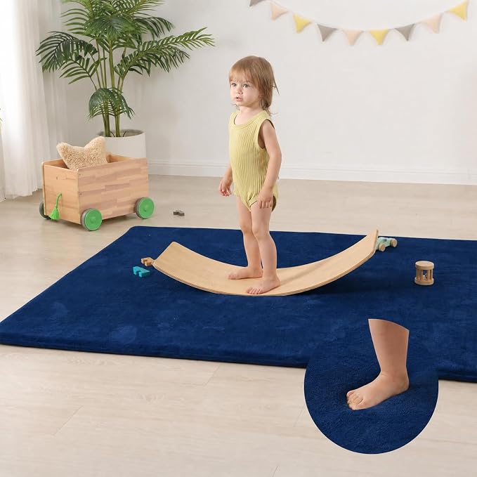 Baby Play Mat for Floor,1.3" Thick Elasti-Foam Large 59"×71" Playpen Mat,Non-Toxic Certified Water-Repellent Coral Velvet, Non-Slip Safe Crawling Mat for Tummy Time, Toddler & Infant(Dark Blue)