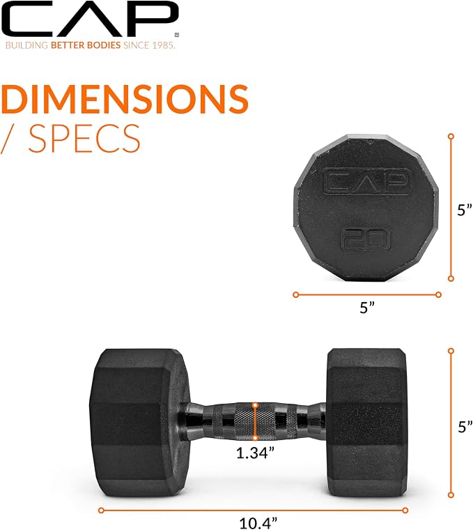 CAP Rubber Coated Dumbbell Weights, Free Weights for Home Gym Strength Training, Anti-Roll Hex Dumbbells with Black, Chrome & Comfort Grip Handles, Pairs & Sets
