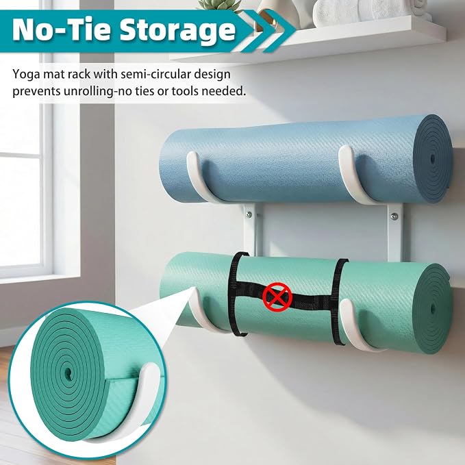 Yoga Mat Holder Wall Mount，No-Tie Mat Storage Rack With Rubber Coating | for Exercise Mat，Pilates Mat，Hanging Foam Roller and Home Gym Equipment Accessories