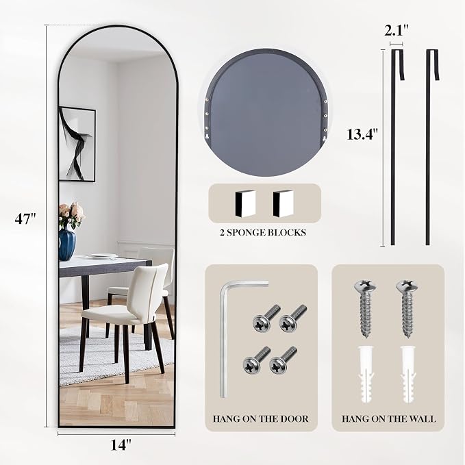 DUMOS 47"x14" Full Length Door Mirror, Arched Full Body Mirror, Black | Aluminum Alloy Thin Frame, Leaning or Hanging, Suitable for Bedroom, Livingroom, Cloakroom
