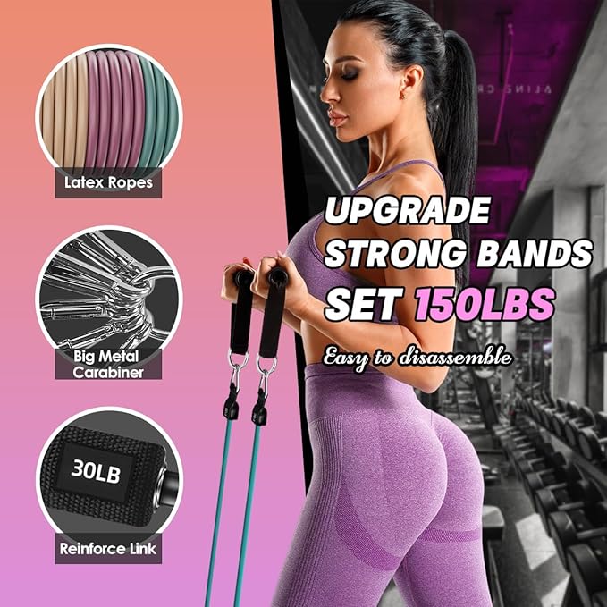 WHATAFIT Resistance Bands with Handles, 5-Level Exercise Bands for Workout | Natural latex,10-50 lbs, stackable to 150,Ankle Straps, Door Anchor,Guide. For Strength, Yoga,Home Gym,Travel & Workout.