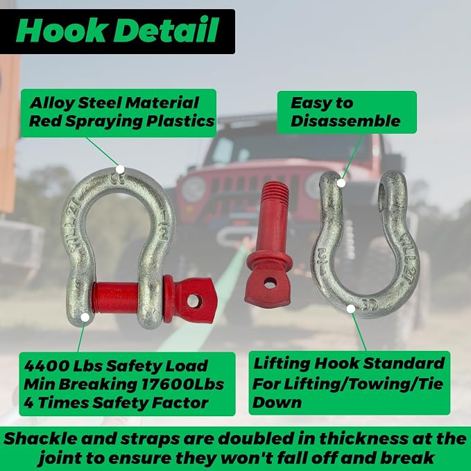 HENBOW Heavy Duty Flat Lift Sling with D Ring Shackle,8'X2 Lift Sling Straps 4400 lbs Safety Load，Web Sling for Hoist Car Tree Saver Winch Recovery