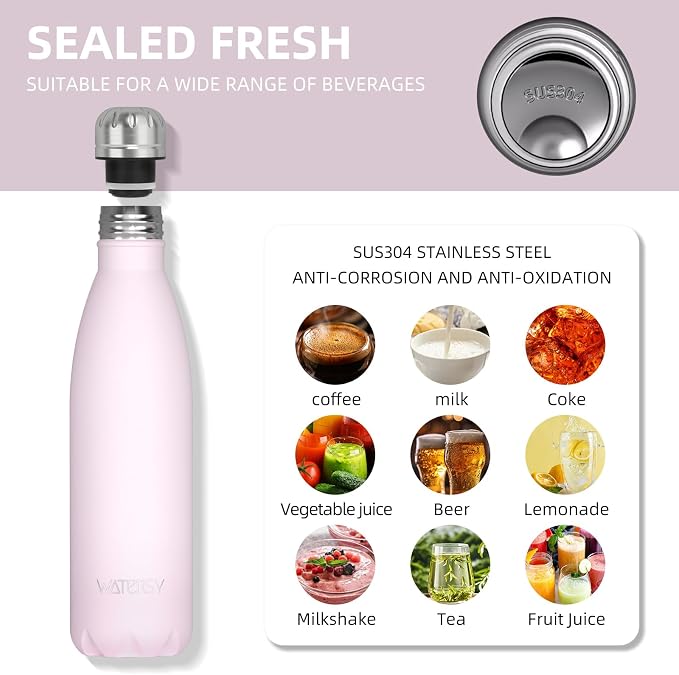WATERSY Stainless Steel water bottles,17oz/500ml Insulated Water Bottle | Pink metal water bottle Keeps Drink Cold and Hot,BPA Free kids water bottles for School,Gym,Travel,Sports