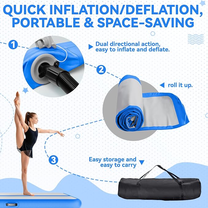 FBSPORT 6.6ft/10ft/13ft/16ft/20ft Inflatable Air Gymnastics Training Mat | 4/6/8 inches Thickness Inflatable Mat, with Electric Pump, Suitable for Home Training/Cheerleading/Yoga/Water