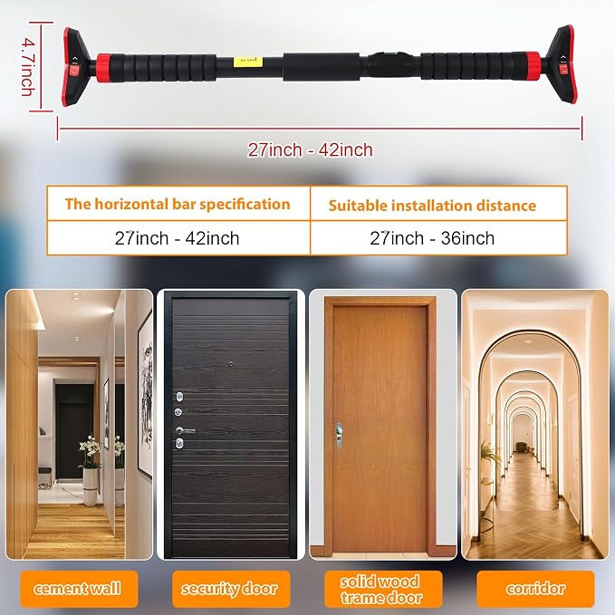 27-42 Inch Tension Pull Up Bar for Doorway with Level Meter, 27-42 Inch Adjustable Width Door Frame Pull Up Bar, Heavy Duty 440 LBS Home Gym Strength Training, No Screw or Drilling Installation