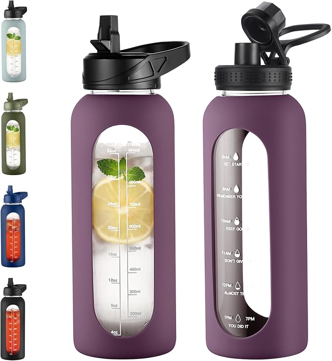 EALGRO 40 oz Glass Water Bottle with Straw, Large Sports Water Jug | Sports Motivational Water Bottle with Time Marker and Silicone Sleeve, Flask Cup for Travel, Gym, Hiking, Dark Purple