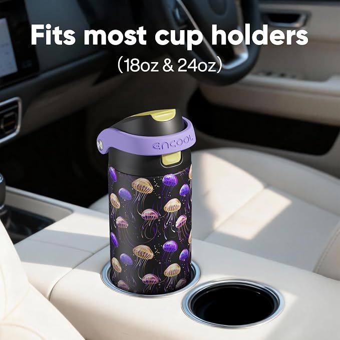 ENCOOL Leakproof Insulated Water Bottle with Straw Dual-Sip Water Bottle Bag-Safe Design for Work, Commute & Gym – Keeps Drinks Cold All Day, 24 oz, Neon Jellyfish