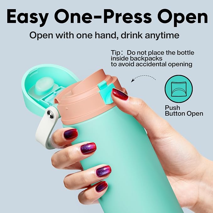 Insulated Water Bottle with Straw - Encool Stainless Steel Water Bottle with Push Button Lid, Leak-Proof & BPA-Free, Keeps Cold for 24 Hours for Sports, Travel, Gym (24 oz, Turquoise)