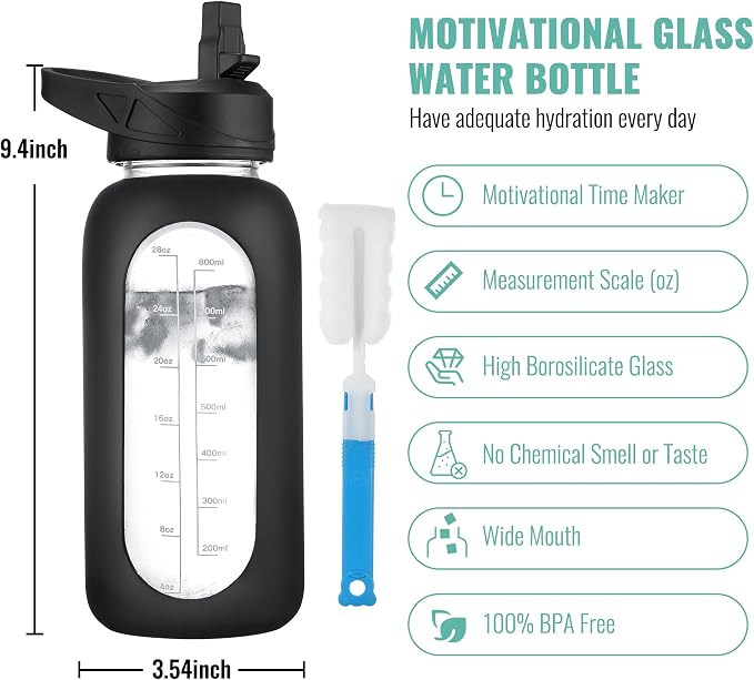 CIVAGO 40 oz Glass Water Bottle with Straw, Large Motivational Water Jug | Time Marker, 2 Leakproof Lids, Wide Mouth, Water Flask Cup with Handle and Silicone Sleeve, for Gym, Sports, Juices, Sage