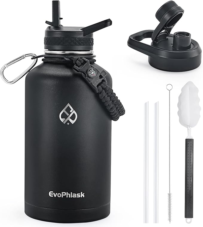 64 oz Insulated Water Bottle(Cold for 48Hrs), Matte Black | Stainless Steel, BPA Free, Leak Proof, Half Gallon Large Metal Water Jug, For Gym, Hiking, Camping, Travel