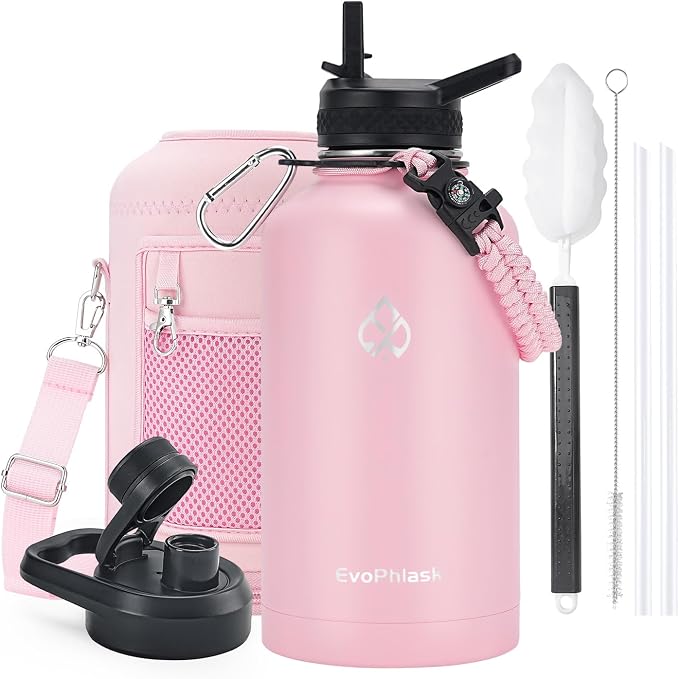 Insulated Water Bottle 64 oz with Carrier Bag, Pink | Stainless Steel, Vacuum Insulated Keep Cold 48 Hrs, Half Gallon Large Water Jug, For Travel, Sport, Gym, Hiking