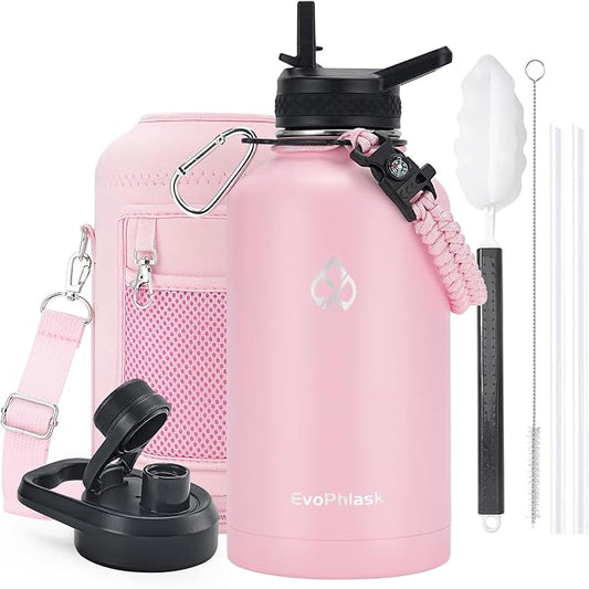 Insulated Water Bottle 64 oz with Carrier Bag, Pink | Stainless Steel, Vacuum Insulated Keep Cold 48 Hrs, Half Gallon Large Water Jug, For Travel, Sport, Gym, Hiking