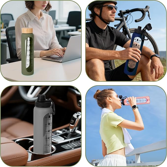 32oz Glass Water Bottle with Time Marker, 2 Lids-Handle Spout Lid & Bamboo Straw Lid, 1 Liter Motivational Borosilicate Water Bottle for Gym, Office, Travel (Black)