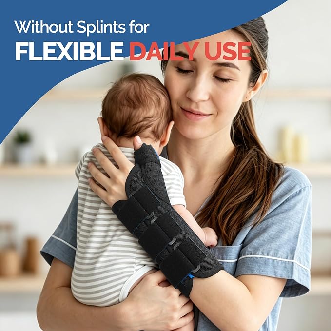 FEATOL Carpal Tunnel Wrist Brace Night Support, Thumb Spica Splint Right Hand for De Quervains Tenosynovitis, Tendonitis, Thumb Brace for Women Men, Black Blue, Medium/Large