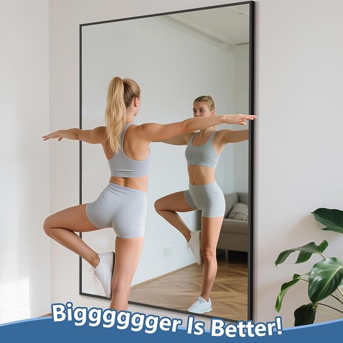MirrMuse Large Mirror Full Length 72"X44",Oversized Floor Mirror with Stand | Black Aluminum Alloy Frame, Free Standing, for Gym Bedroom Living Room, Hanging or Leaning, Shatterproof Tempered Glass