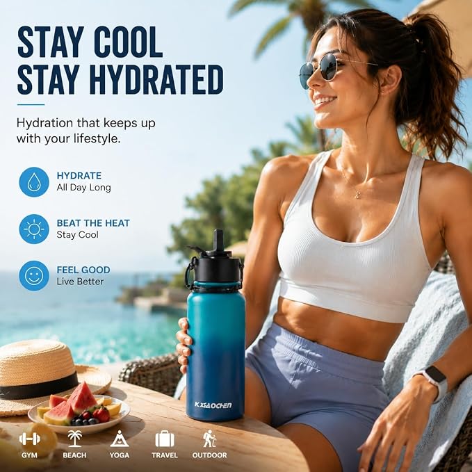 KXIAOCHEN Insulated Water Bottle with Strap, 48-Hour Cold, 2 Lids | Triple-wall insulation, lead-free 18/8 Stainless steel, paracord handle, carabiner clip, for gym, hiking, camping and travel