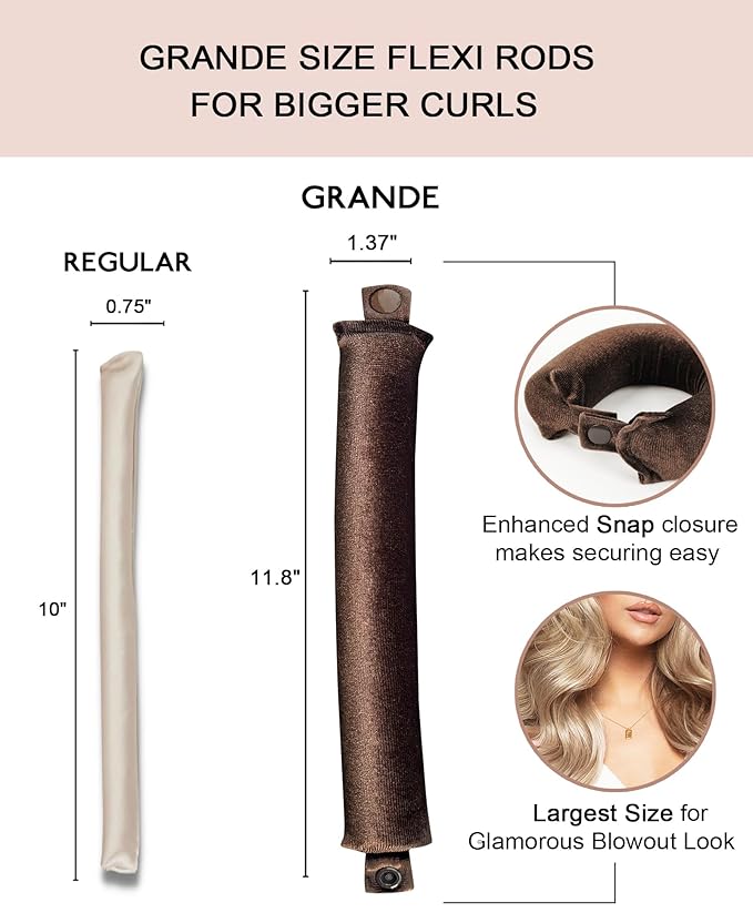 Grande Heatless Curls Overnight Rods - Upgraded Directional Grip Velvet - No Heat Hair Curlers to Sleep, Jumbo Large Hair Rollers Flexible Curling Rods Set for Long Thicker Coarser Hair Blowout Look