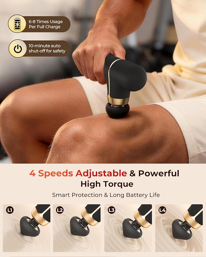 Super Mini Massage Gun with Heat & Red Light, 0.48 lb Travel Massage Gun | Palm-Sized Deep Tissues Percussion Muscle Massager 4 Heads 4 Speeds Compact Ultra-Quiet Type-C Charging for Home Office Black