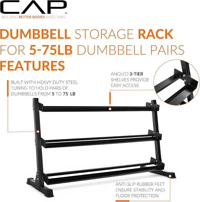 CAP 280 LB, 550 LB, 1200 LB Dumbbell Set with Horizontal 2-3 Tier Rack, Rubber Hex Free Weights, Home Gym Weight Set for Strength Training