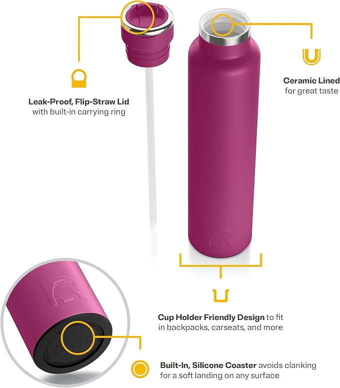 RTIC 26oz Journey Water Bottle, Ceramic Lined, Very Berry | Stainless Steel Metal, Insulated for Hot and Cold Drinks, Sports, Travel and Camping