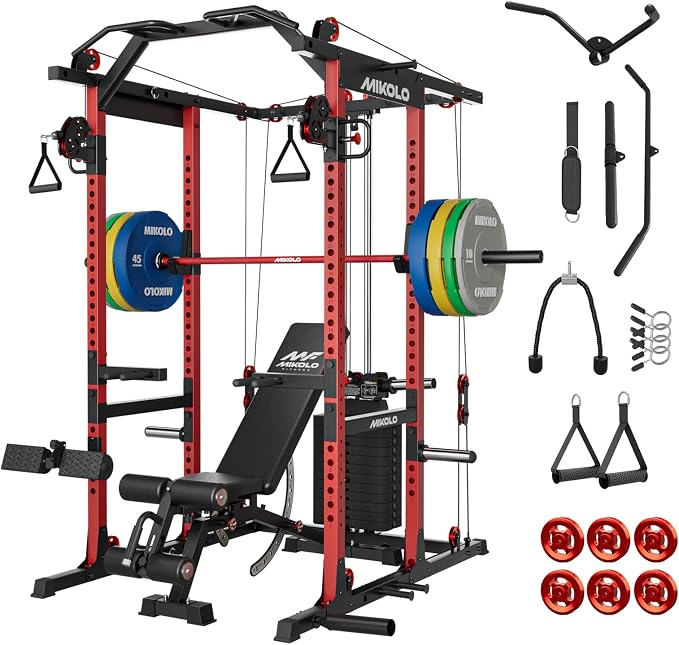 Mikolo K6 2.0 Power Cage, Power Rack with Cable Crossover System, 2000LBS Squat Rack with LAT Pull Down System, Functional Trainer with Aluminum Pulley System for Home Gym