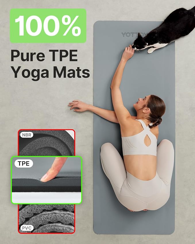 Yoga Mat,Non-Slip TPE Exercise Mat(1/4 Inch) for Pilates, Fitness & Barefoot Workouts, Home Gym Studio with Strap & Bag