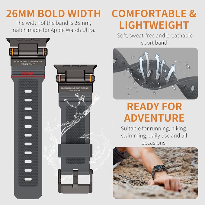 Band Compatible with Apple Watch Ultra 3/2/1 Band 49/46/45/44mm | Metal Connector with Silicone Rugged Strap for iWatch Ultra Series 11/10/9/8/7/6/SE3/SE2/SE/5/4/3/2/1, Gray/Black