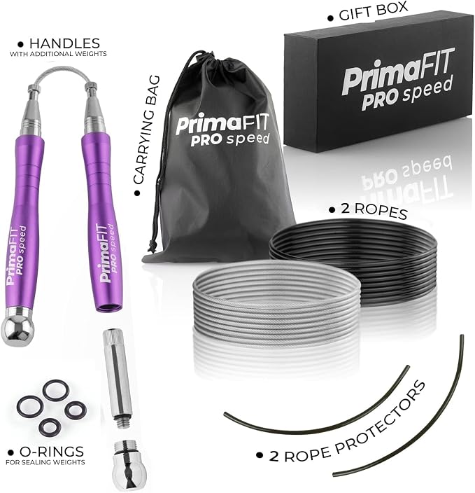 PrimaFIT Pro Speed Jump Rope for Adults, Weighted Skipping Rope for Boxing | Adjustable Jumping Rope for Fitness Workout & CrossFit Exercise, Double Unders, Handle Weights, 3m Cables 2 Protectors, Bag