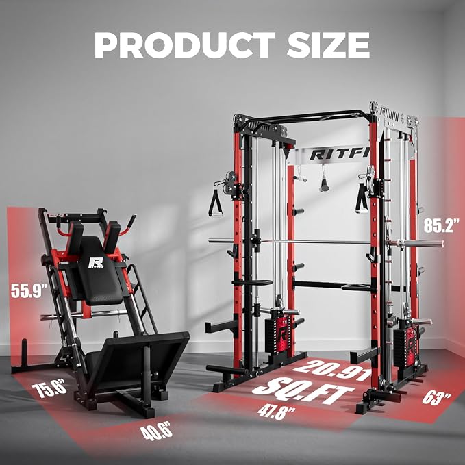 RitFit M1 Pro Smith Machine with Weight Stack Package Power Cage Home Gym | Dual Cables, Barbell & Handles, Cable Crossover, ALL-in-1 Home Gym, 1850LBS Capacity