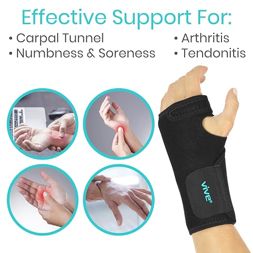 Vive Wrist Brace - Carpal Tunnel Hand Compression Support Wrap for Men | Women, Tendinitis, Bowling, Sports Injuries Pain Relief - Removable Splint - Universal Ergonomic Fit (Black, Left)