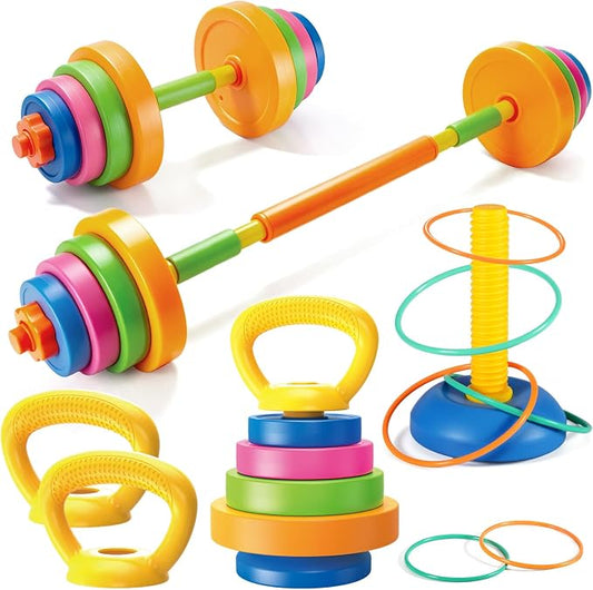 5-IN-1 Kids Weight Set, Kids Workout Equipment , Kid Exercise Equipment Toy | Adjustable Kettlebell , Barbell, Push-Up , Ring, Toddler Weights Gym Set Bench Workout Gift for Boy Girl