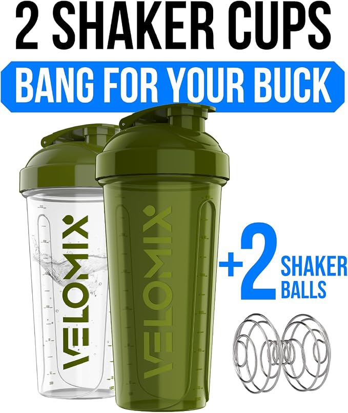 VELOMIX 2 Pack 28oz Protein Shaker Bottle for Protein Mixes, Forest Green | 2x Wire Whisk, Leak Proof Shaker Cups for Protein Shakes, Stackable, Dishwasher safe, BPA free, Pre Workout and Gym ready