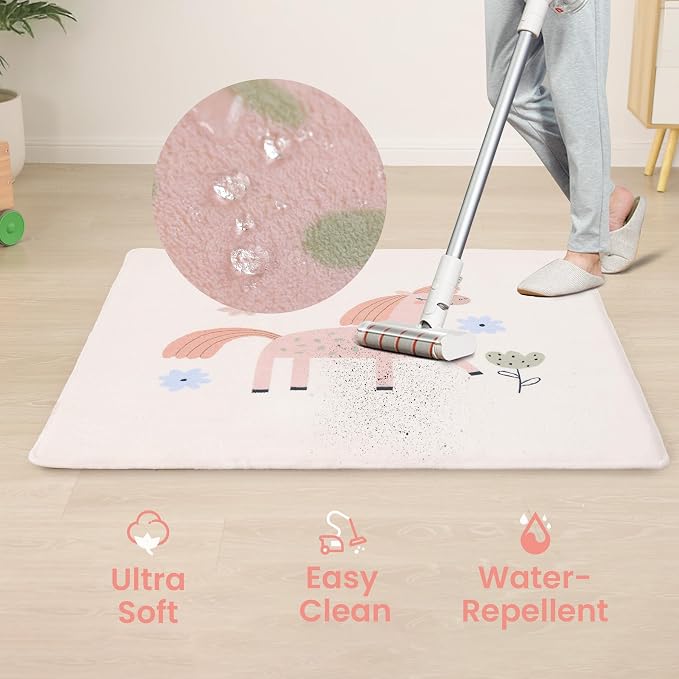 Baby Play Mat for Floor,1.3" Thick Cushioned Playpen Mat 50"x50",Extra Soft Elasti-Foam,Water Repellent Coral Velvet,Non-Slip for Crawling&Tummy Time,Infant Toddler Kids Nursery Rug(Unicorn)