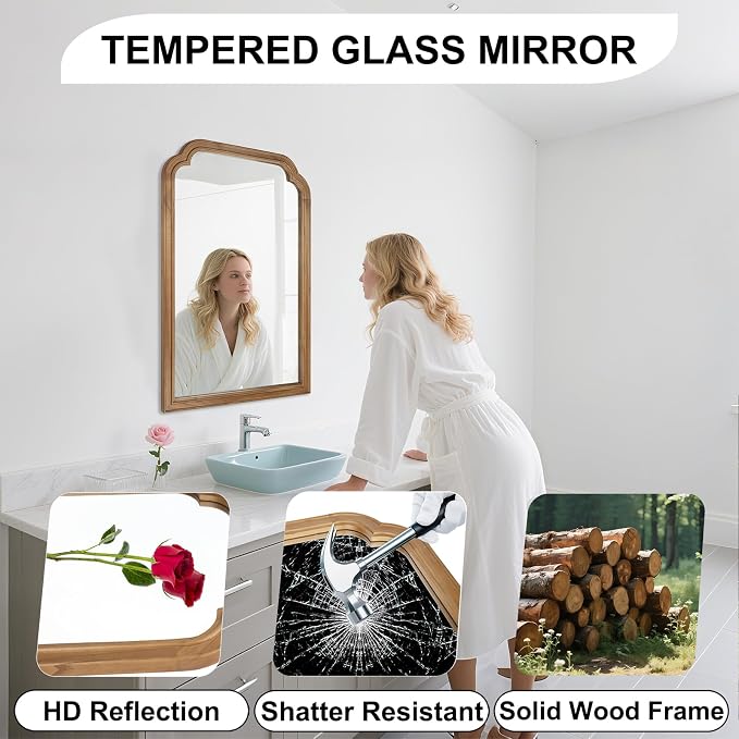 Wood Bathroom Mirror for Wall, 30 x 20 Inch Decorative Wall Mirror with Rustic Wooden Frame for Living Room, Vanity, Bedroom, Entryway, Farmhouse