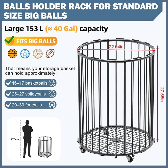 Hencawima Garage Ball Storage: Round Sports Equipment Organizer with Wheels, Sports Ball Rack With Elastic Rope, Ball Holder for Basketball, Soccer, Volleyball, Football, Garage, Gym, Outdoor (Black)
