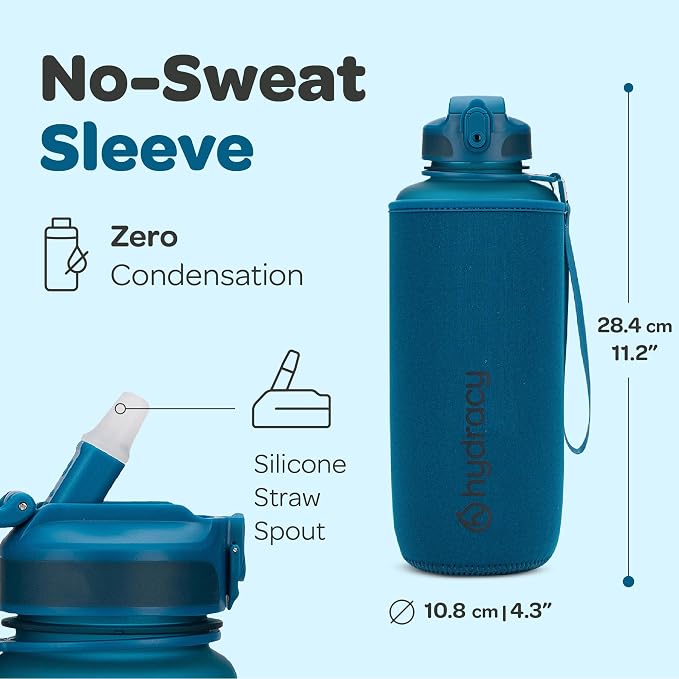 Hydracy 2L Large Water Bottle, Shatterproof, BPA Free Tritan Plastic, Leakproof, Zero Condensation, With Detachable Carry Strap, Spillproof Lid, Convenient Silicon Spout, Ideal for Gym, Yoga | Leakproof,BPA Free,No Sweat Neoprene Sleeve,Carry Strap,Dai...