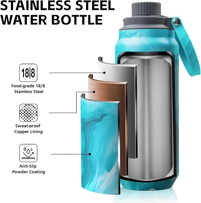 Greylock 20 oz Insulated Water Bottle with Straw Lid, Reusable Stainless Steel Sports Water Bottles with Foldable Handle, Leak Proof, Double-Wall Vacuum Insulation, 24 Hours Cold (Tides)